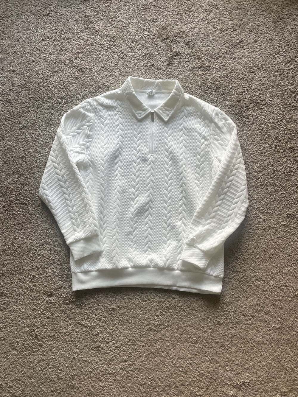 White Cable Knit Textured Quarter Zip Pullover Sweatshirt Size M